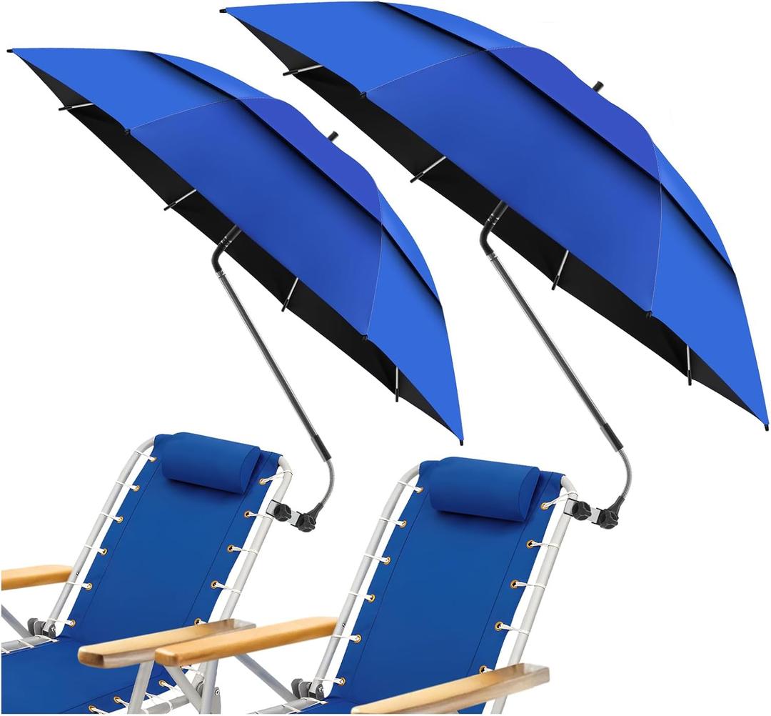 2 Pack 48.6" Double Canopy Beach Umbrella with Clamp, UPF50+ Beach Chair Umbrella with clip, 360Adjustable Portable Outdoor Wheelchair, Patio, Golf Carts,Camping(Not Include Chair)