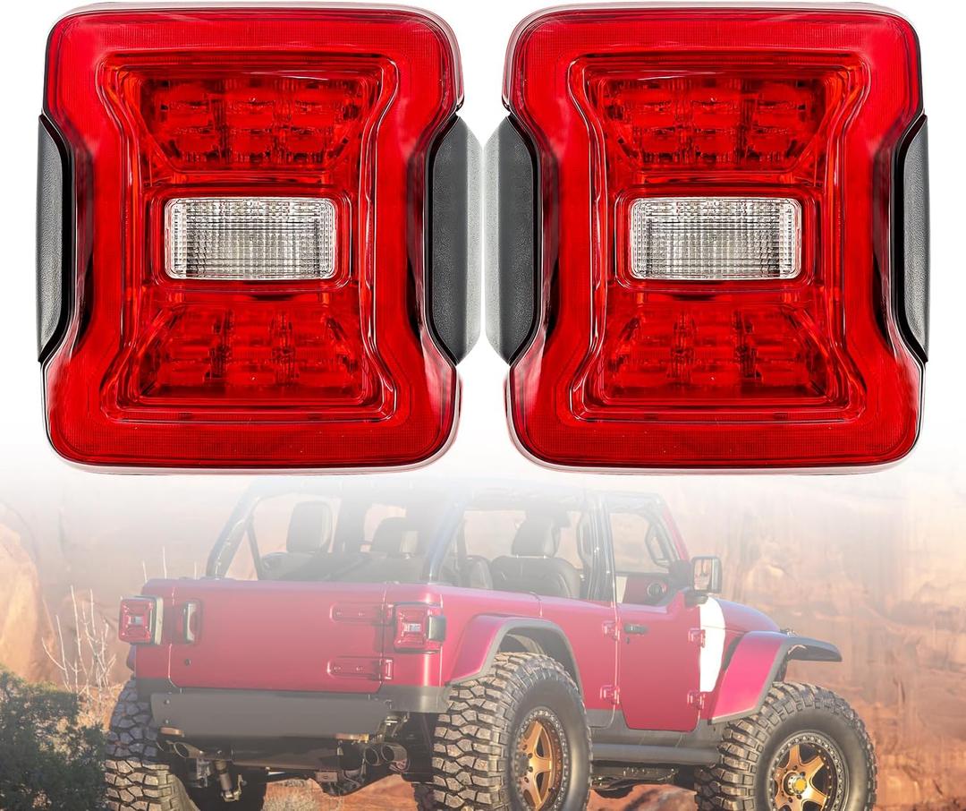 WM-JLT01RB Red LED Tail Lights Compatible with Jeep Wrangler JL 2018 2019 2020 2021 2022 2023 2024 with Blind Spot Plug and Bracket