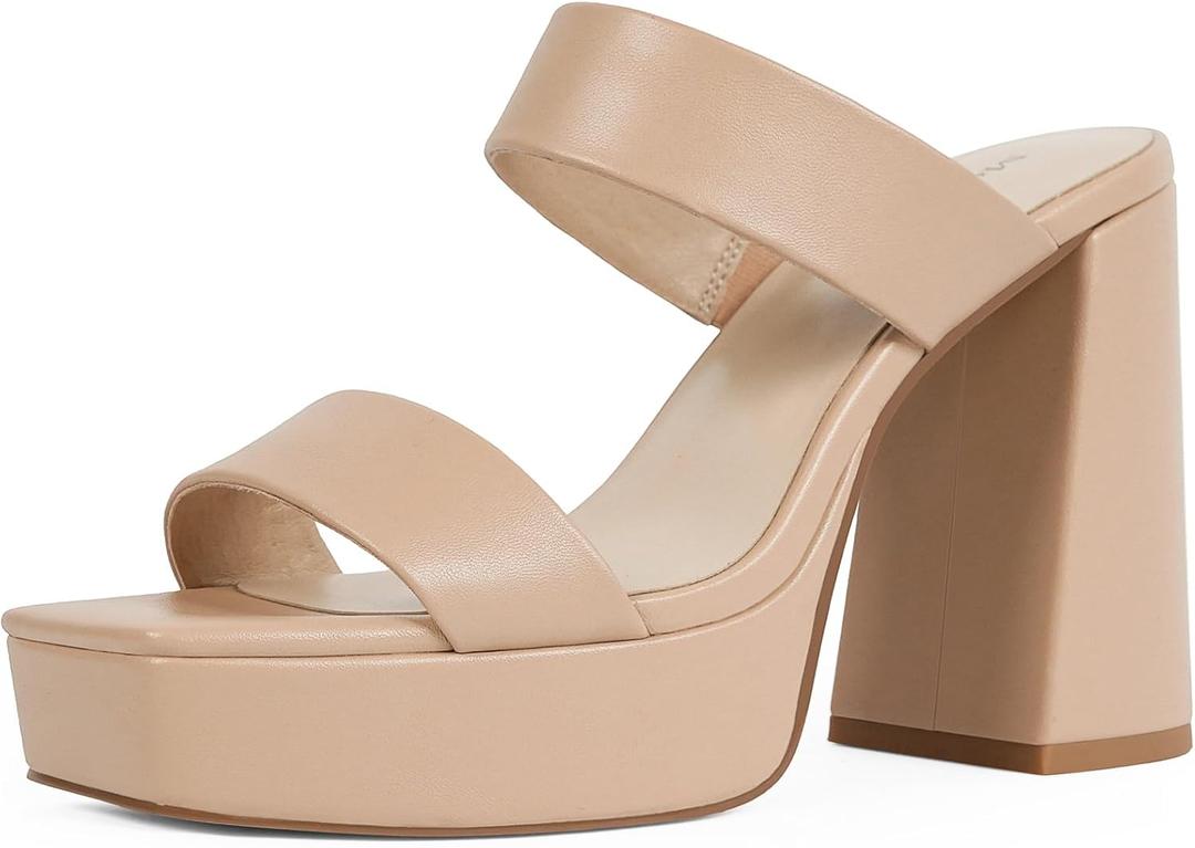 Modatope Platform Heels for Women Square Open Toe Chunky Heel Platform Sandals Two Strap Slip On Heels Wedding Party Dress Shoes (8, Nude Pu)