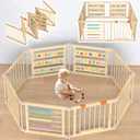 Foldable Wooden Baby Playpen with Gate, Wood Baby Play Pen Play Yard with Educational Abacus, Alphabet Board, Shape Color Board & Child Proof Lock, Wood Playpen for Babies and Toddlers 575723 inch