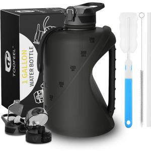 TOOFEEL 1 gallon water bottle - 128 oz water bottle with Straw & Chug Lid - BPA Free Big Water Bottle with Handle - Gym Water Bottle - Black