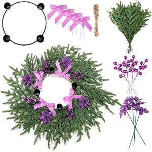 Potchen Christmas Advent Wreath Candle Holder Ring Purple Ribbon DIY Advent Wreath 4 Candle Holder Traditional Catholic Christmas Decoration Set for Church Table Centerpiece Holiday Gift (Cypress 2)