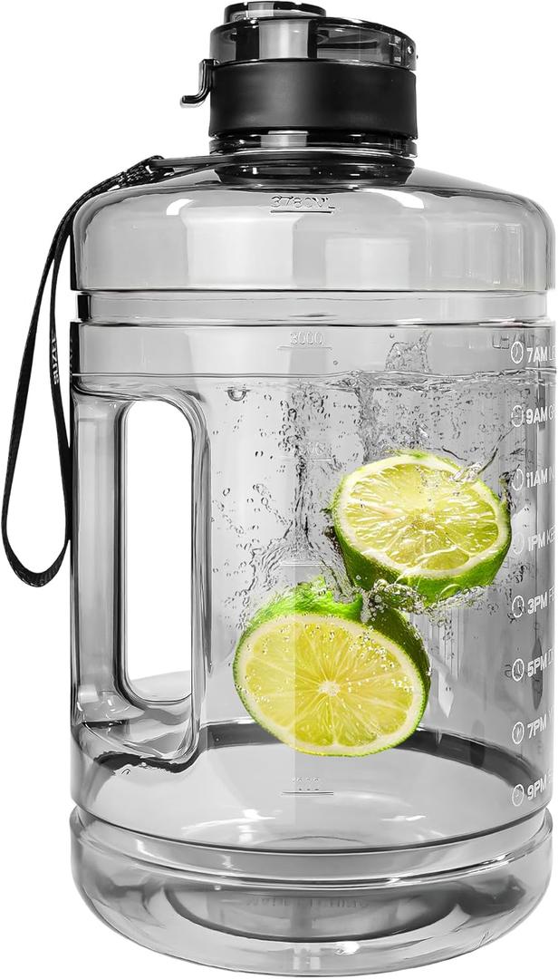 1 Gallon Water Bottle, Water Jug with Motivational Time Marker & Strap & Handle,Large-Capacity leakproof water bottles for Travel Sport Gym OutdoorClear