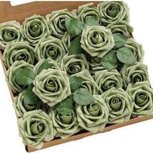 Ling's moment Artificial Flowers 25Pcs Elf Green Roses Decor w/Stems,3" Real Touch DIY Foam Floral for Wedding Bouquet/Centerpieces, Outdoors Party Backdrop, Room/Table, and Garden/Pot Decorations
