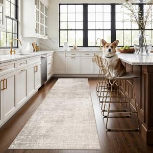 Hallway 3x8 Washable Runner Rug: Abstract Stain Resistant Entryway Kitchen Area Rugs Farmhouse Soft Bathroom Bedroom Print Floor Mat Thin Non-Slip Indoor Carpet for Living Room Laudry(3x8,Beige/Cream)