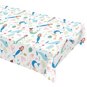 Cheerland Mermaid Tablecloth with Sea Animals for Under The Sea Ocean Girls Birthday Baby Shower Party Table Cover Corals Pastel Cute Fish Turtle Party Supplies and Decoration