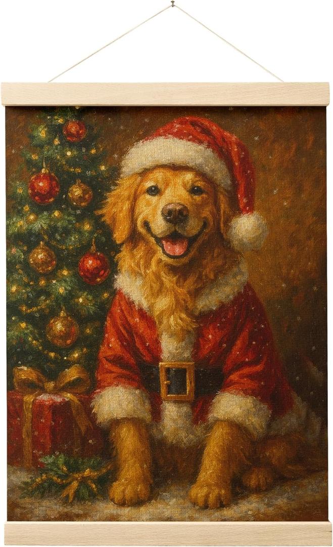 EKGJW Vintage Christmas Golden Retriever Wall Art Poster, Golden Retriever Lover Gifts, Funny Christmas Santa Dog Holiday Wall Decor Canvas Prints for Home Bedroom Living Room, 12x16 Inch