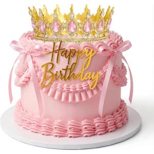 Landical 8 Pcs Gold and Pink Princess Crown Cake Topper Corona Para Pastel Queen Pink Cake Decorations Happy Birthday Topper Bow Tie for Birthday Party Wedding Supplies, 4.9 x 2.16 inches