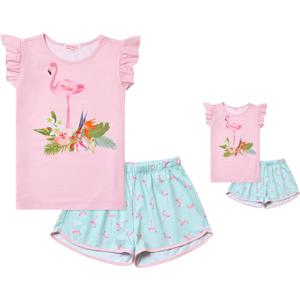 Flamingo Pajama Sets Matching 18-inch Dolls&Girls Pjs Pink Night Shirts Mint Ruffle Sleeves Size 8-9