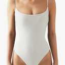 Women Sexy Square Neck Thong Bodysuit Backless Cami Bodysuit Top, M, White