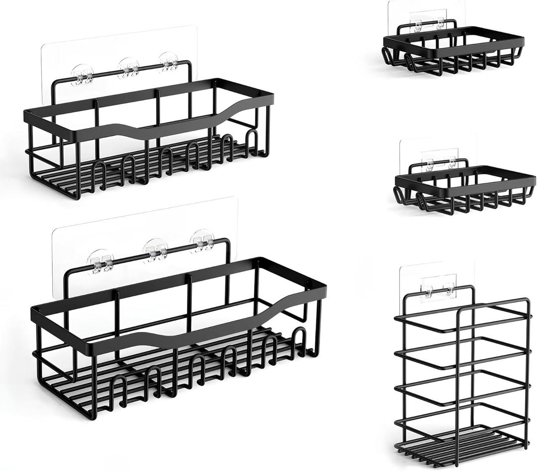Fab Glass and Mirror 5-Pack Shower Caddy, Black - Shower Organizer & Shelves for Efficient Storage, Bathroom Caddy for Wall Organizer, Durable Shower Wall Caddy