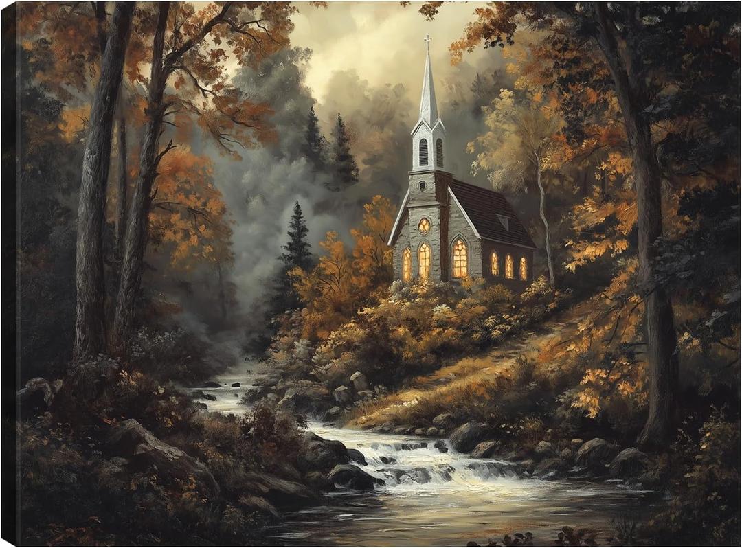 Fall Canvas Wall Art, Autumn Church Wall Decor, Forest Wall Art, Religious Art, Forest Posters Prints Pictures for Home Living Room Bedroom 16x24 Inch