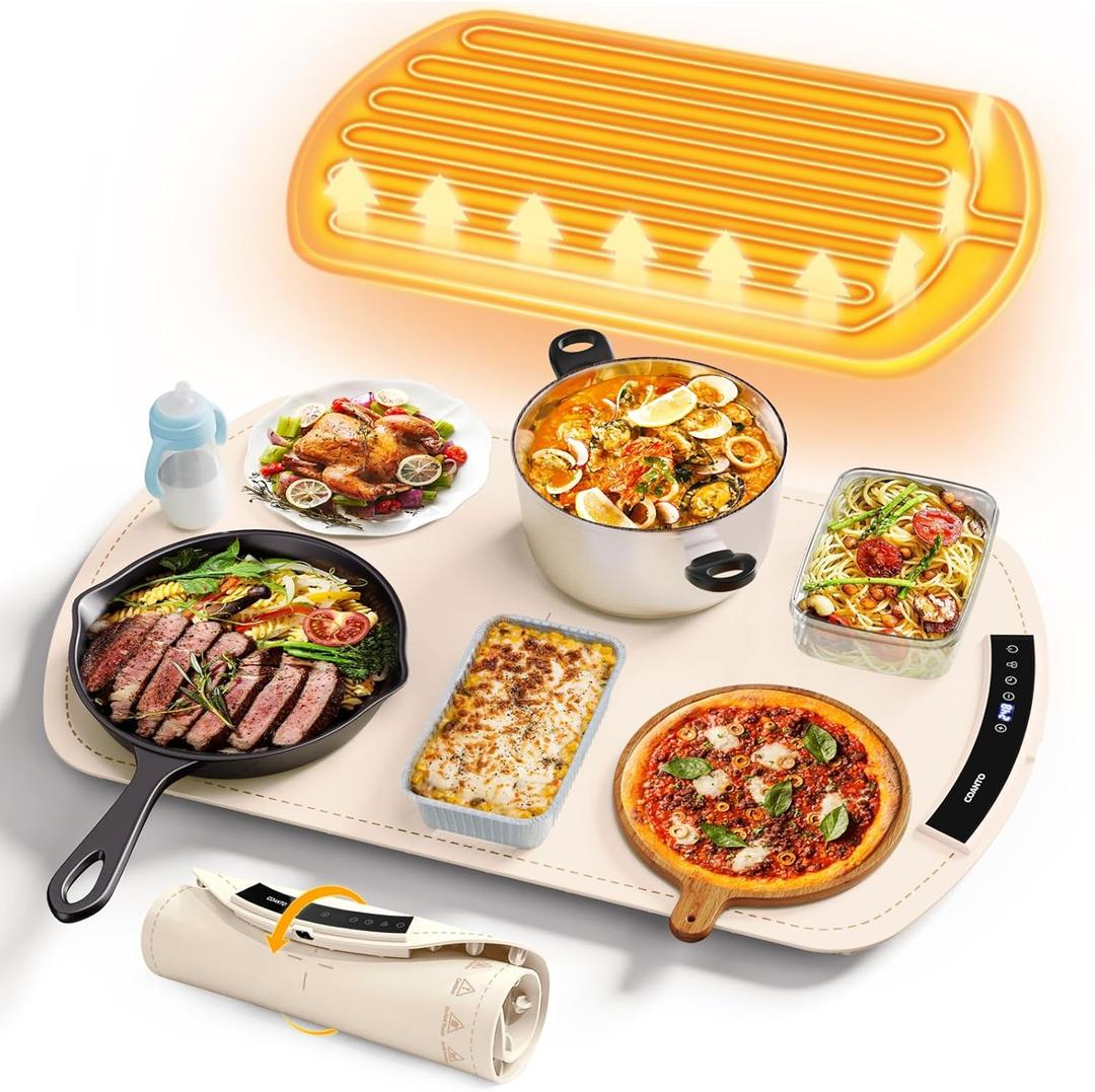 Food Warming Mat, Electric Warming Tray for Buffets & Parties, Silicone Heating Mat for Food with 9 Temperature Settings, Roll-Up Storage, 25.8"x15.6" (Beige)