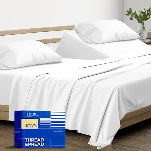 THREAD SPREAD 100% Pure Egyptian Cotton Split King Sheets Sets for Adjustable Bed  1000 Thread Count 5 PC White Top Split King Sheet for Sleep Number Bed, 16" Deep Pocket Soft Cooling Luxury Sheet