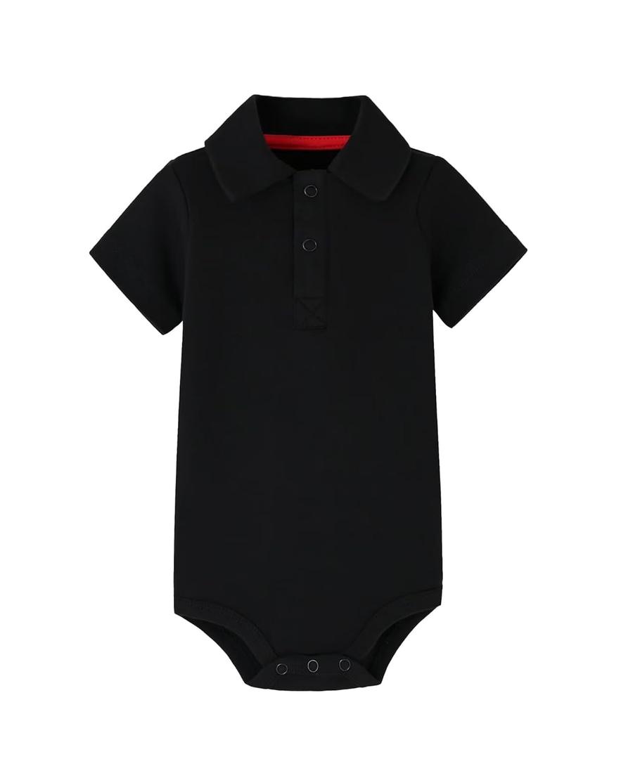 Teach Leanbh Baby Boys Pure Color Cotton Short Long Sleeve Polo Bodysuit 3-24 Months (Black, 6 Months)