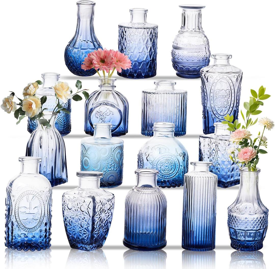 Glass Bud Vase Set of 16, Small Flower Vases, Glass Vases for Centerpieces, Vintage Home Table Decorations Bud Vases (16 Pcs, Blue)