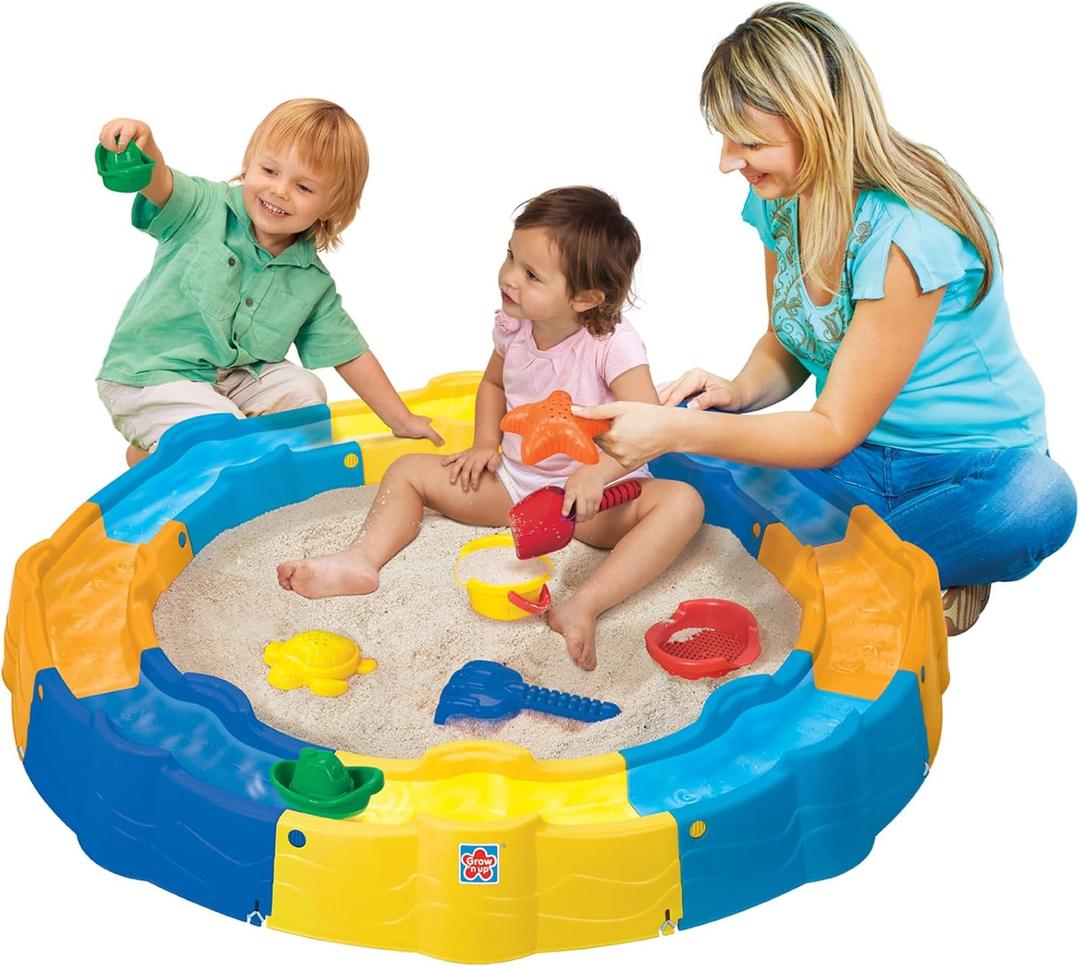 Grow'n Up Sand N Play Build a Box Sandbox with Water Canal, EZ Clean Liner, 10 Accessories, UV-Protected, Portable Carry Cover, Sensory Outdoor Play for Toddlers 18-36 Months, Easy Storage & Travel