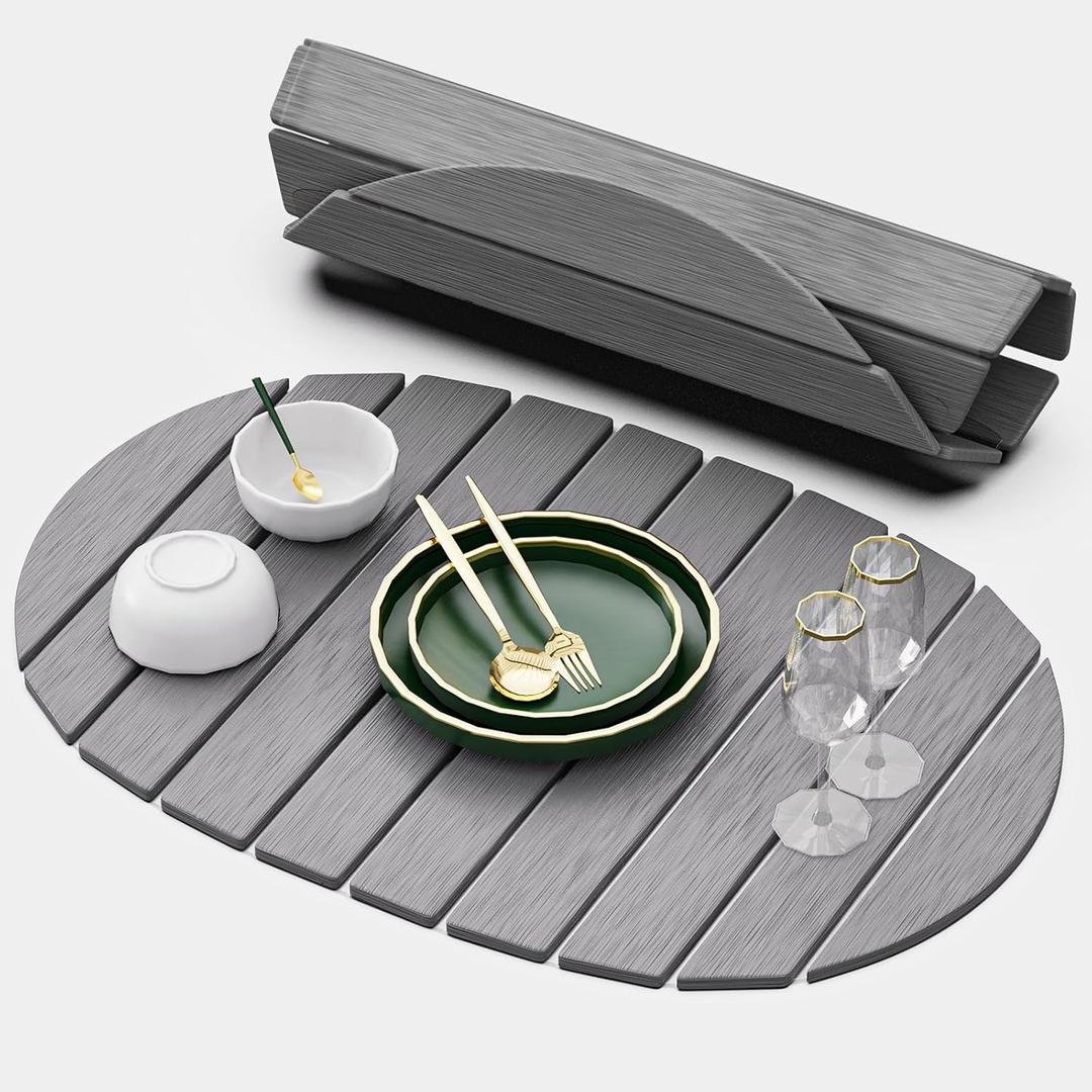 Large Stone Drying Mat for Kitchen Counter, Quick Drying Foldable Dish Drying Mat, Super Absorbent Diatomaceous Earth Drying Mat for Dishes Bottles Cups, Match Any Countertop (Grey, 22.8"x15.4") (Gray)