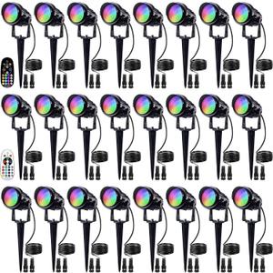 SUNVIE 24 Pack Halloween RGBW Low Voltage Landscape Lights 12W LED Color Changing Landscape Lighting with Remote Control and Wire Connectors, AC/DC 12V-24V Waterproof Outdoor Spotlight for Yard Garden