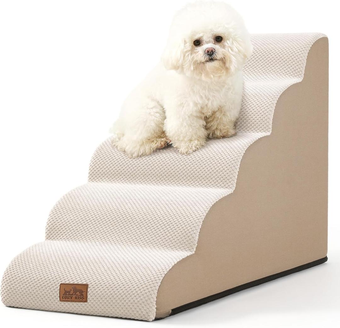 COZY KISS Dog Stairs for Small Dog 22.6" H, Curved Pet Step for Puppy, Older Cat, Medium Pet Ramp for High Bed, Ladder with High Density Foam, Durable, 5 Step, 15.7x33x22.6 inch, Beige