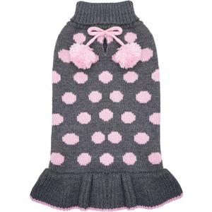 KYEESE Dog Sweater Dress Polka Dot Dog Sweater for Girl with Leash Hole Knit Warm Dogs Clothes with Pom Pom Ball for Fall Winter (Small (3-6lbs), 02# Polkadot (Grey))