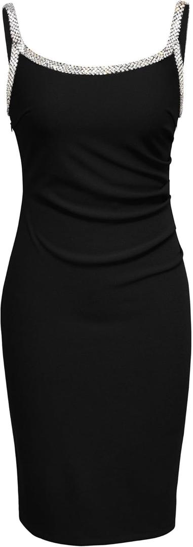 Newshows Womens 2025 Stretch Wrinkle-Free Cocktail Dresses Ruched Bodycon Sparkly Glitter Rhinestone Sleeveless Formal Dress (Black, XL)