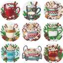 8 Pcs Christmas Coffee Diamond Painting Coasters Kits with Holder, DIY Christmas Diamond Art Coaster Kits for Adults, Paint with Diamonds Coasters Craft Supplies for Holiday Home Decor (Jxbd03-us)
