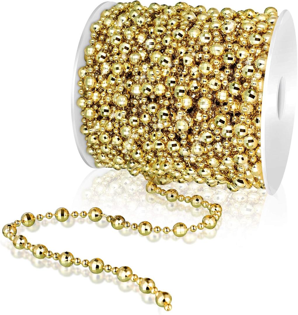 WILLBOND 32.8 Feet Christmas Tree Bead Garland Strand Plastic Pearls Crystal Bead Roll for Christmas and Holiday Decorations (Gold)