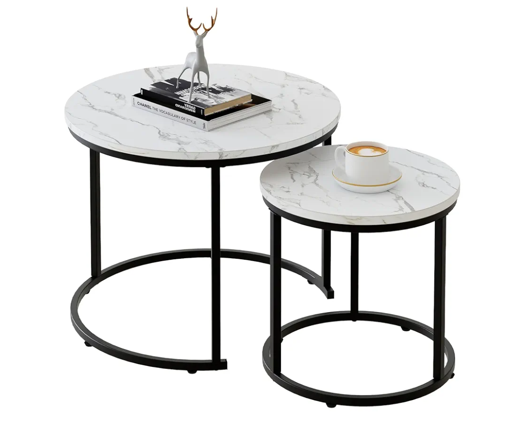 aboxoo Round Nesting Coffee Table Side Table Set of 2 End Tables for Living Room Bedroom Balcony,White Faux Marble Wooden Table 31IN Accent Large Coffee Table with Steel Frame