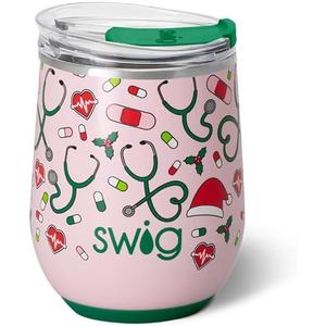 Swig Life 12oz Wine Tumbler with Lid, Stainless Steel, Dishwasher Safe, Portable, Triple Insulated Wine Tumbler (Santa's Scrubs)