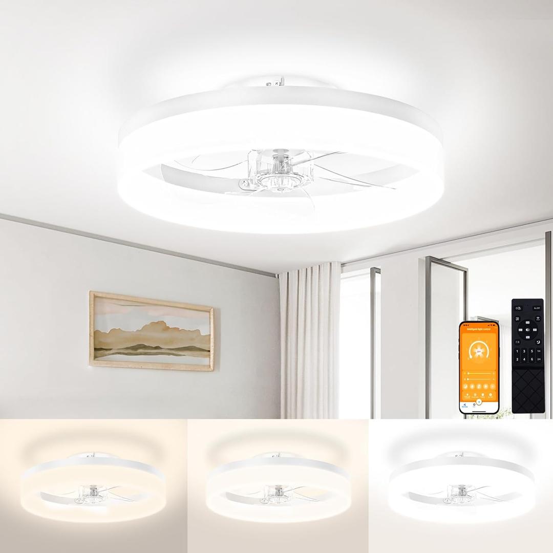 VOLISUN Low Profile Ceiling Fans with Lights and Remote,15.7in Modern Ceiling Fan Flush Mount, 3000K-6500K Dimmable Bladeless LED Fan Light, White Fandelier Ceiling Fans with Lights for Bedroom