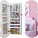 whitebeach Jewelry Armoire Cabinet, LED Jewelry Organizer, Wall or Door Mounted, Full-Length Lockable, Wavy Mirror, Make-up Mirror With Magnetic Lock