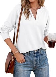 Dokotoo Womens Fall Tops V Neck Long Sleeve Plus Size Tops for Women High Low Blouse Oversized T Shirts for Women White X-Large