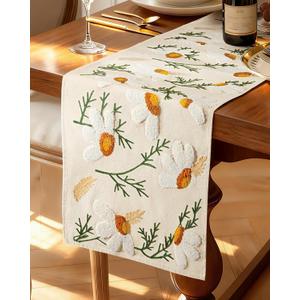 Canvas Embroidered Table Runner - 13"x 72" Coffee Table Runner for Living Room Narrow Tablerunner for Dining Room Washable Neutral Kitchen Island Counter Decor Housewarming Gift, Beige Daisy