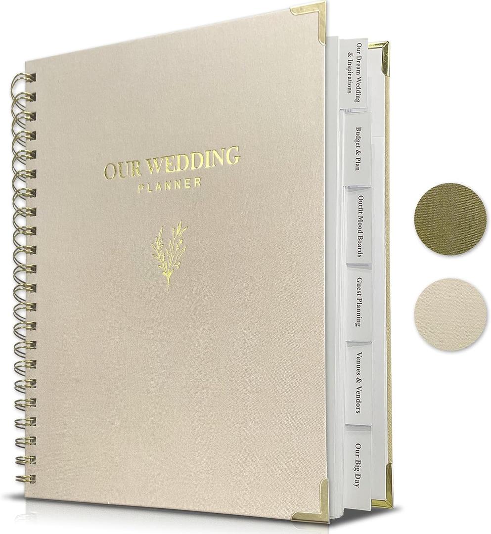 LADY&HOME Wedding Planner Book and Organizer, Linen Cover Wedding Planner Book, Bridal Planning Binder for Bride to be Gifts with Calendars, Checklist and Pockets (Apricot)