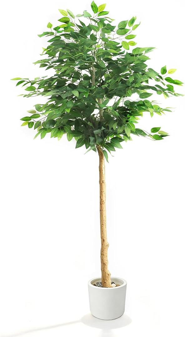 Homeplants Artificial Ficus Tree, 6Ft | White pot, adjustable realistic branches and leaves, indoor outdoor home decoration