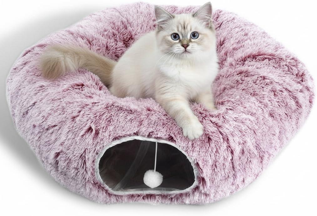 AUOON Cat Tunnel Bed for Indoor Cats - Large Cat Donut Tunnel with Hanging Ball Toy, Collapsible 2-in-1 Multifunctional Interactive Cat Toy for Kitten, Puppy, Rabbit, Ferret (Rosiness)