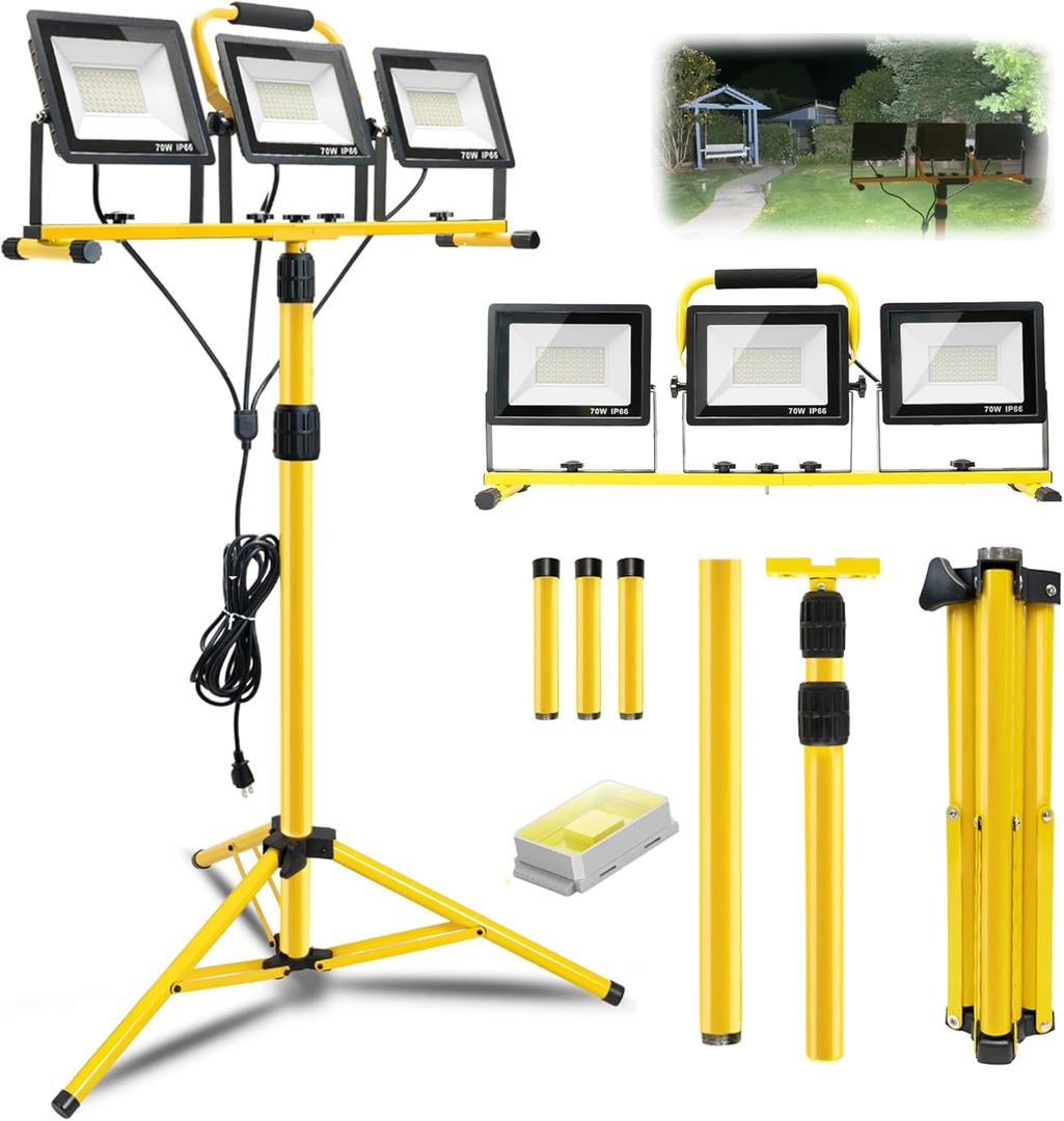 21000Lumen LED Work Lights with Stand: 3 Head Adjustable Work Light with Individual Switch - IP66 Waterproof Foldable Tripod Worklight with 16.4FT Cord for Indoor Outdoor Portable Lighting