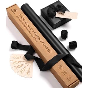 Vitalizart Black Matte Metallic Wrapping Paper Set 17" With Silk Satin Ribbon & Gift Tags Christmas Gift Wrapping Birthday Baby Shower Wedding Bouquets Handmade Crafts 197"(16.4 Ft) Black Ribbon