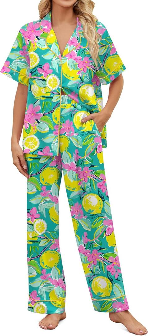 SHESHOW Satin Pajamas for Women Set Button Down Sleepwear Print Pjs Set 2 Piece Short Sleeve Long Loungewear Size XL