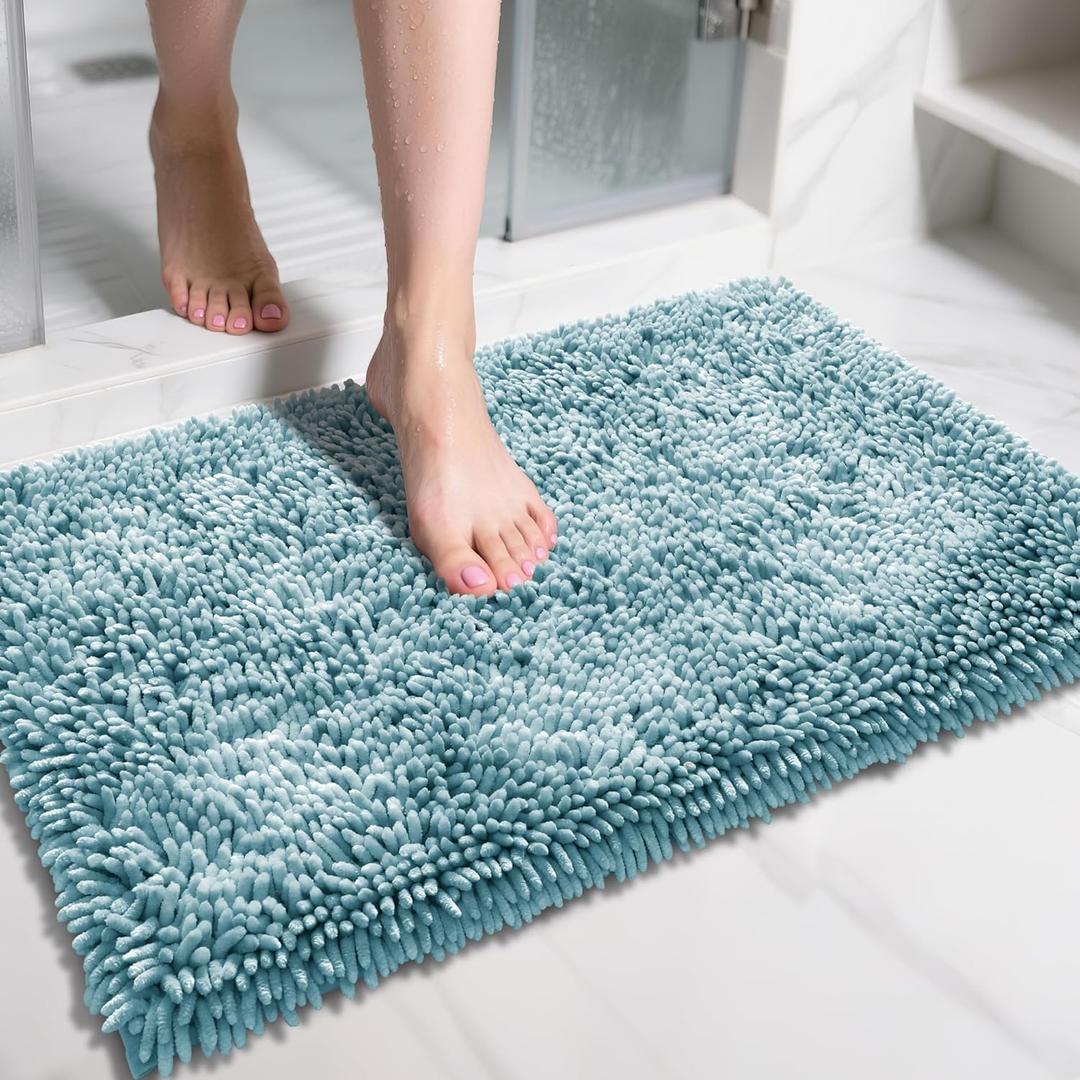 Yimobra Chenille Bathroom Rugs Non Slip, Extra Thick Soft Absorbent Bath Rug 31.5x20 Inch, Machine Washable Quick Dry Bath Mat for Bathroom Floor, Tub and Shower, Home Decor Accessories, Greyish Blue