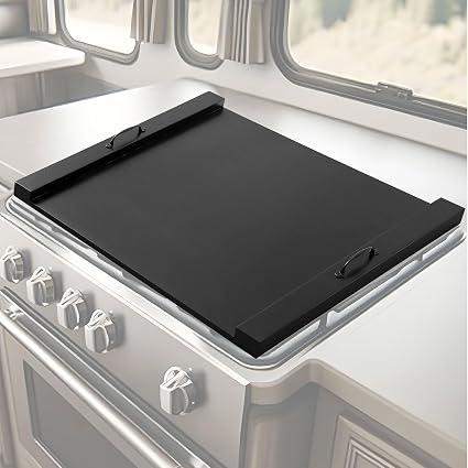 Maxdot Rv Stove Top Cover Board Wood Noodle Board Camper Stove Top Cover Countertop Cutting with 5 Pcs Adjustable Non-slip Rubber Feet Leg Juice Groove for Trailer Gas Burner Kitchen(Black)