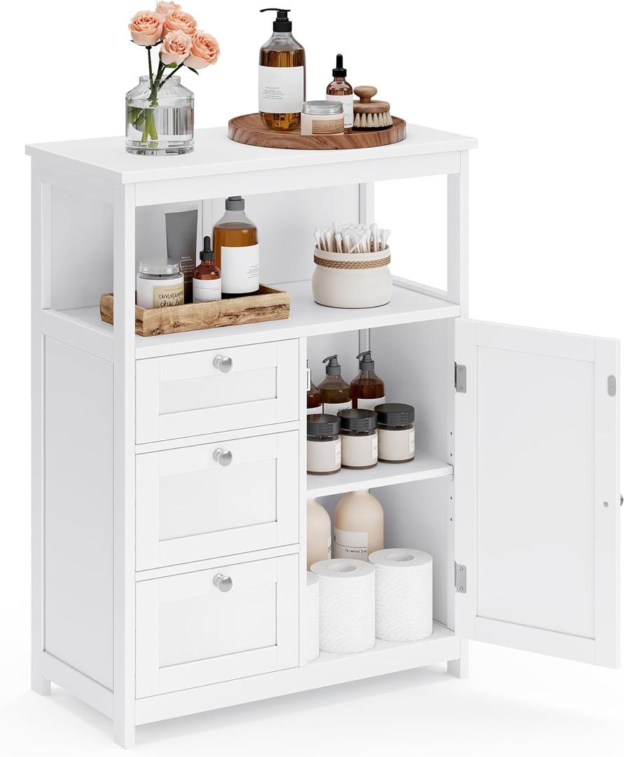 VASAGLE Bathroom Floor Storage Cabinet, Freestanding Bathroom Storage Unit with 3 Drawers, Adjustable Shelf, 11.8 x 23.6 x 31.5 Inches, White UBBC542P31V1