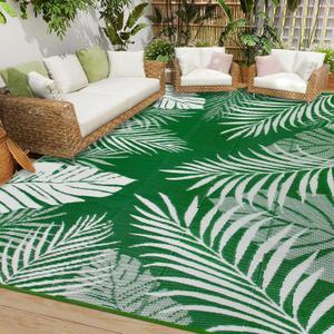 Cekene Reversible Outdoor Rugs 8x10 Waterproof Outdoor Patio Rugs Clearance Portable RV Camping Mats Green Lightweight Plastic Straw Rugs for Patio Balcony Picnic Garden BBQ (8'x10', Green/White)