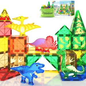 Coodoo Dinosaur Toys Magnetic Tiles - Magnet Building Blocks for Toddler Kids Toys STEM Sensory Outdoor Toy for 3+ Year Old Boys and Girls, Dinosaur World Creative Games Kids (Multicolored-1)