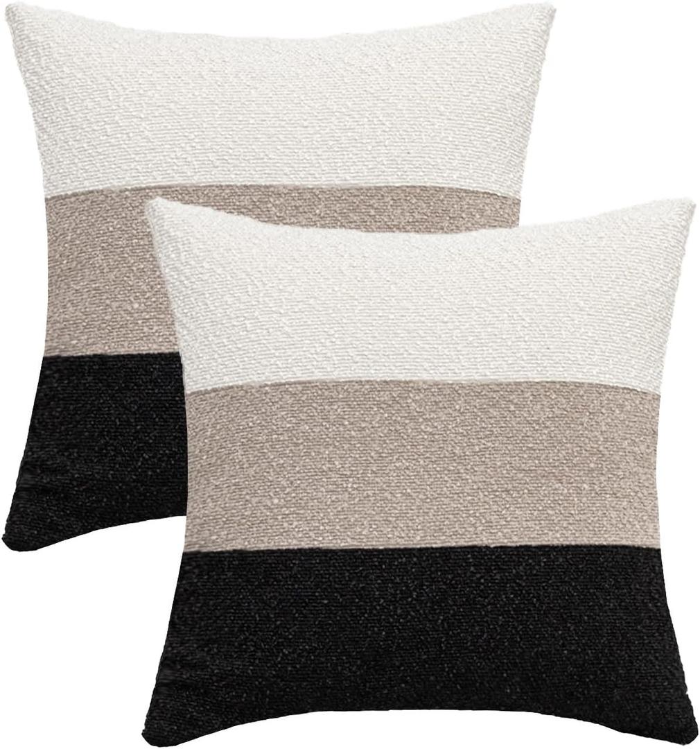 Decorative Textured Boucle Pillow Covers 20 x 20 Inch Neutral Accent Pillow Case for Couch Sofa Bedroom Living Room Home Decor,Cream/Oatmeal/Black (Pack of 2, Cover ONLY)