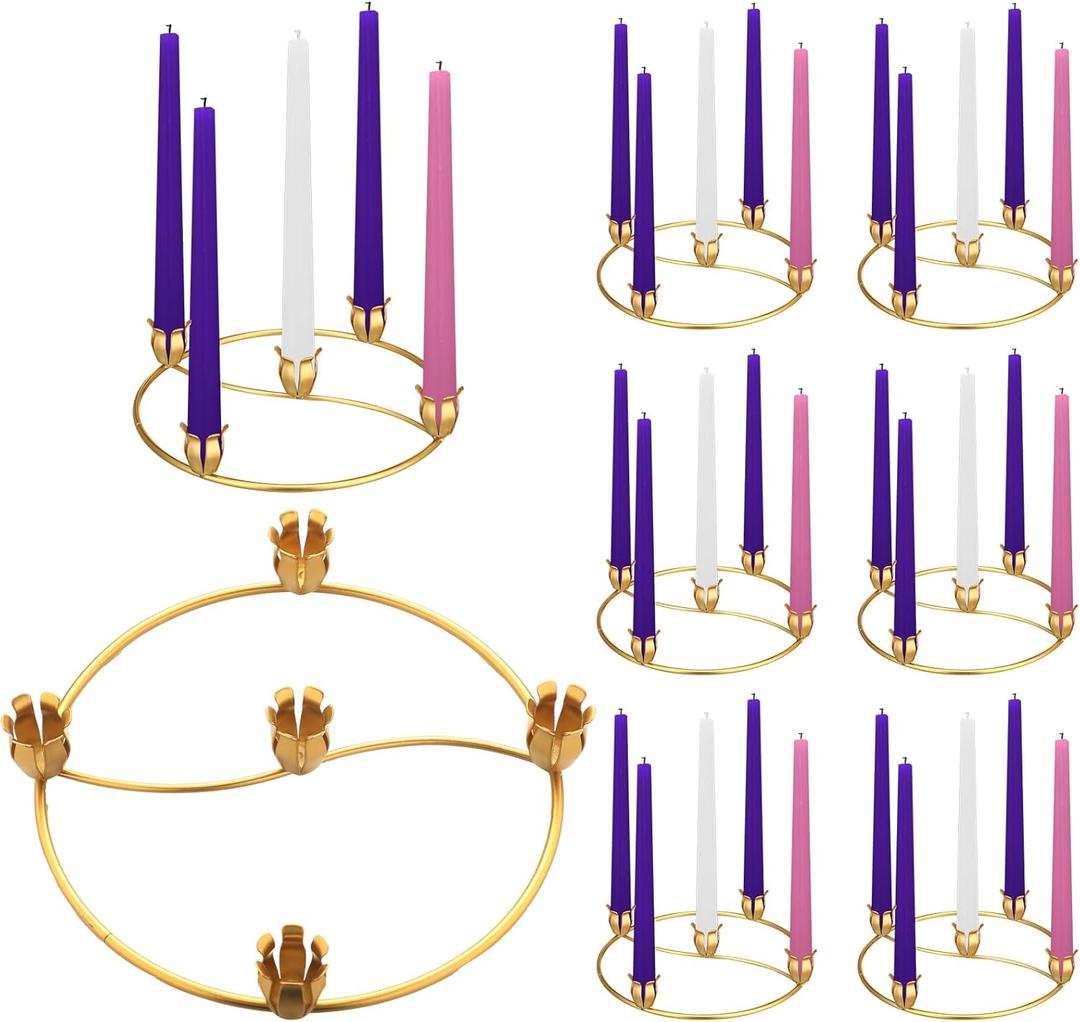 Sliner 8 Pcs Christmas Flower Advent Wreath Ring 5 Candle Holder Taper Gold Advent Ring Metal Candle Holder Table Decoration for Xmas Festival Home Centerpiece Decor