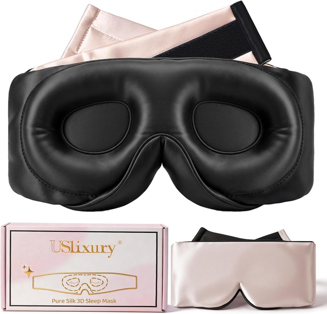 USlixury Silk Sleep Mask, 3D Contoured Sleeping Masks, Blackout Sleep Masks for Women with Nose Wing, 100% Mulberry Silk, Face-Hugging Non-Slip SLEP Mask for Side Sleeper, 27.5x4.5'', Pink