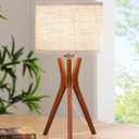 EDISHINE Mid Century Table Lamp, 17.5" Tripod Bedside Lamp with Deep Wood Color Light Base & Beige Linen Lampshade, Nightstand Lamp for Bedroom, Living Room, Reading Room, E26 Base White