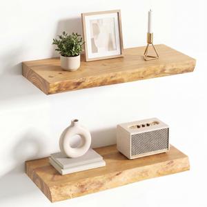 Venusmiles Live Edge Elm Floating Shelves for Wall Decor, Rustic Solid Wood Shevles Wall Mounted with Invisible Bracket for Living Room Bathroom Bedroom Kitchen, 32 Inch Set of 2, Natural